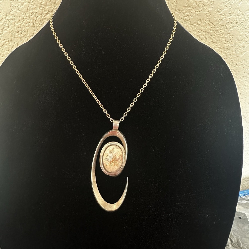 Vintage Stone Statement Necklace Silver Tone Pendant Chain